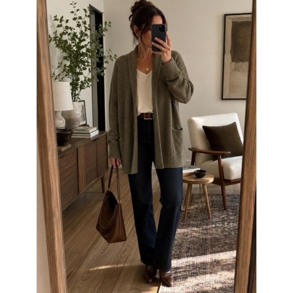 360 Cashmere Olive 100% Cashmere Shawl Collar Open Front Cardigan Size L
